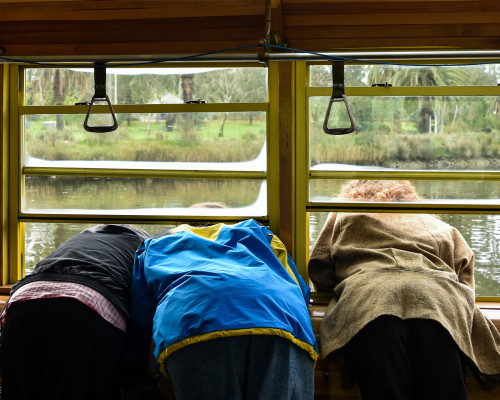 Three event participants looking out the Tramboat window