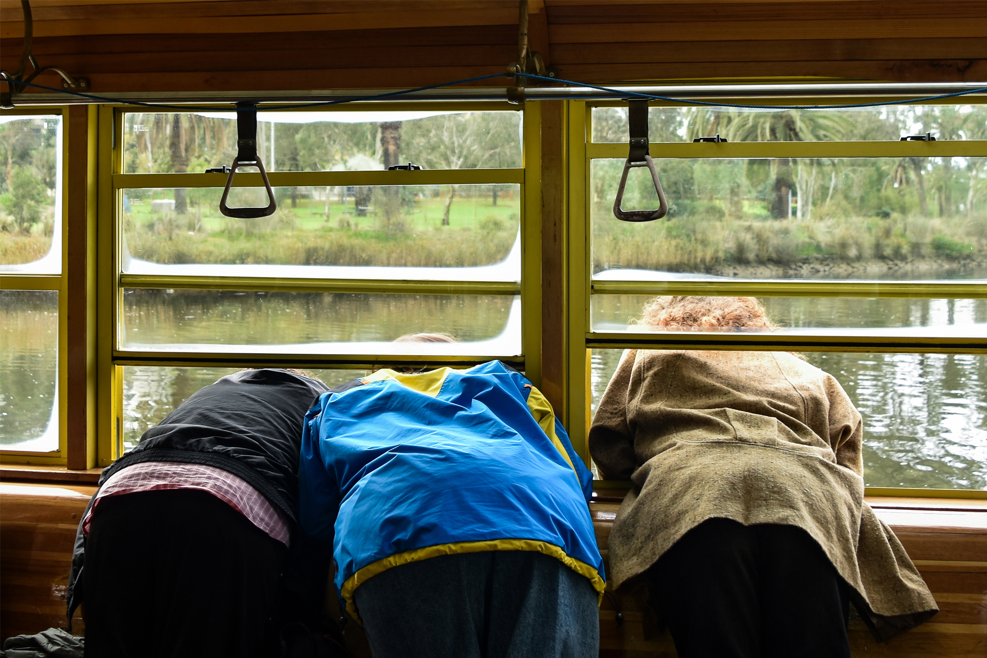 Three event participants looking out the Tramboat window